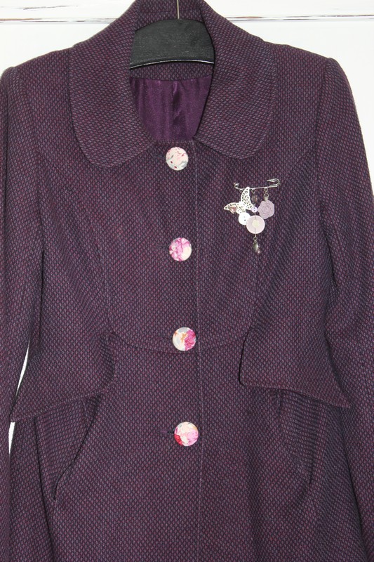 Charity shop coat upcycled with DIY covered buttons